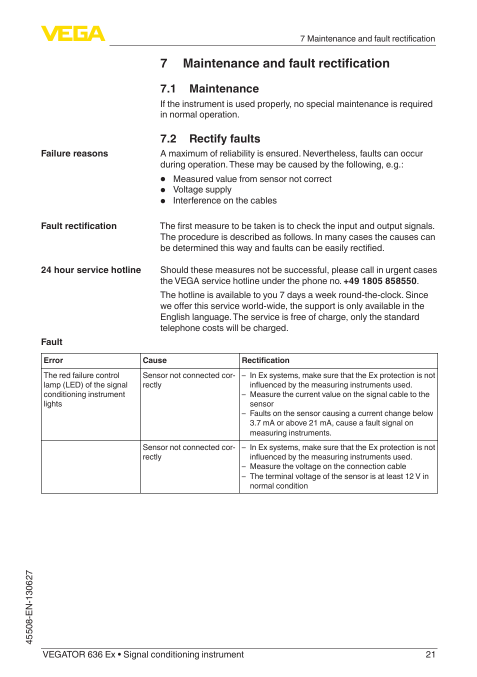 7 maintenance and fault rectification, 1 maintenance, 2 rectify faults | VEGA VEGATOR 636 Ex User Manual | Page 21 / 28