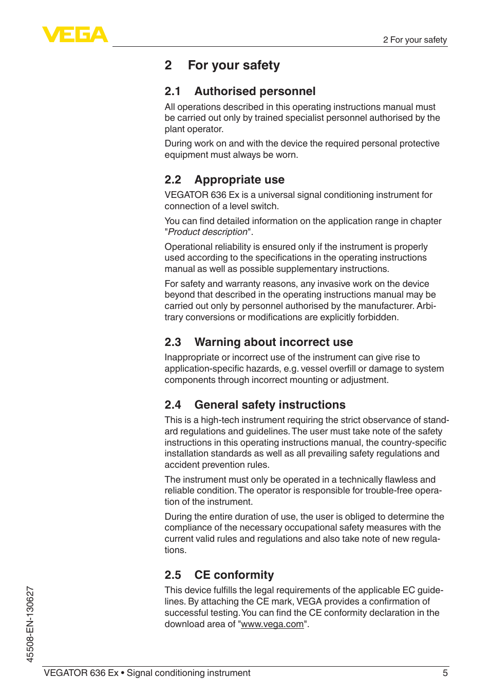 2 for your safety, 1 authorised personnel, 2 appropriate use | 3 warning about incorrect use, 4 general safety instructions, 5 ce conformity | VEGA VEGATOR 636 Ex User Manual | Page 5 / 28
