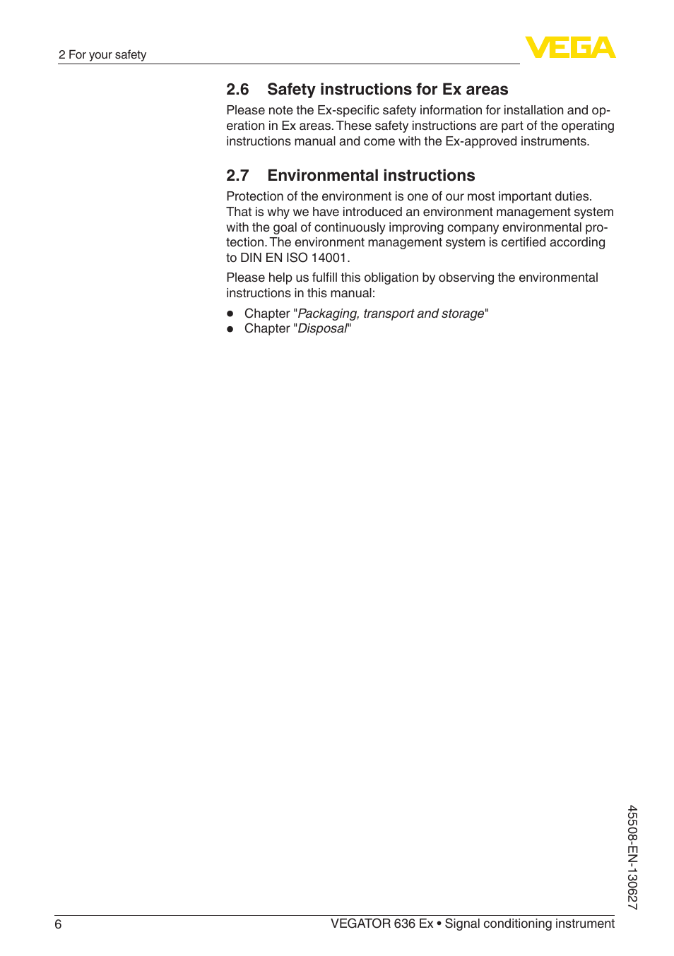 6 safety instructions for ex areas, 7 environmental instructions | VEGA VEGATOR 636 Ex User Manual | Page 6 / 28