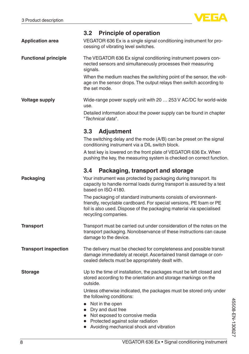 2 principle of operation, 3 adjustment, 4 packaging, transport and storage | VEGA VEGATOR 636 Ex User Manual | Page 8 / 28