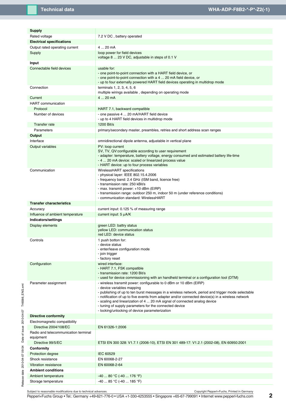 Technical data wha-adp-f8b2-*-p*-z2(-1) | VEGA WHA-ADP-F8B2-*-P*-Z2(-1) User Manual | Page 2 / 3