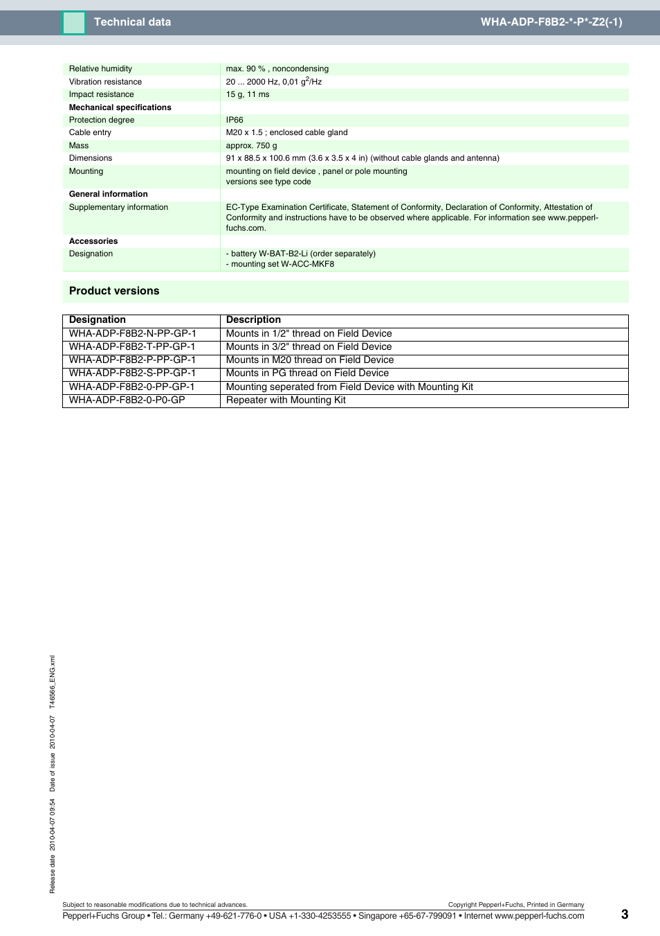 Technical data wha-adp-f8b2-*-p*-z2(-1), Product versions | VEGA WHA-ADP-F8B2-*-P*-Z2(-1) User Manual | Page 3 / 3