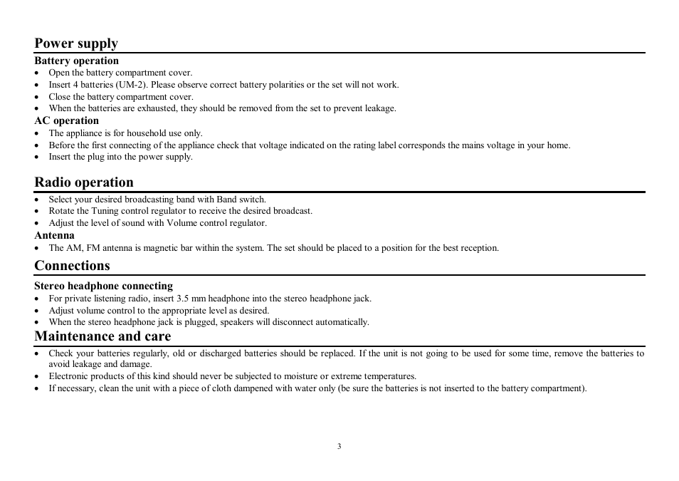 Power supply, Radio operation, Connections | Maintenance and care | Hyundai H-1611 User Manual | Page 3 / 7