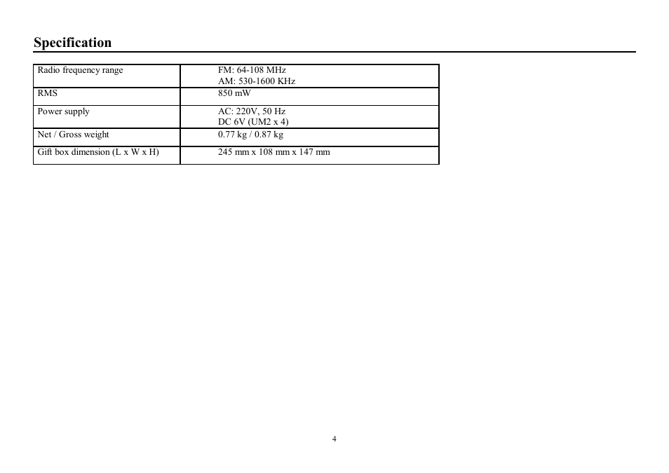 Specification | Hyundai H-1611 User Manual | Page 4 / 7