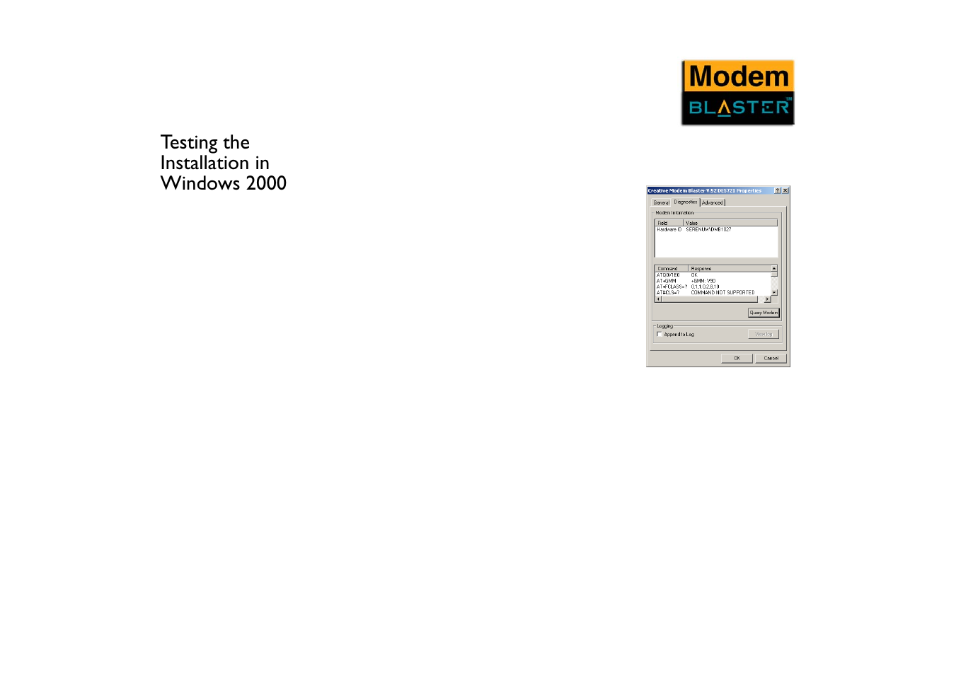 Testing the installation in windows 2000, Testing the installation in windows 2000 -4 | VEGA Creative Modem Blaster V.92 External DE5721 User Manual | Page 27 / 61