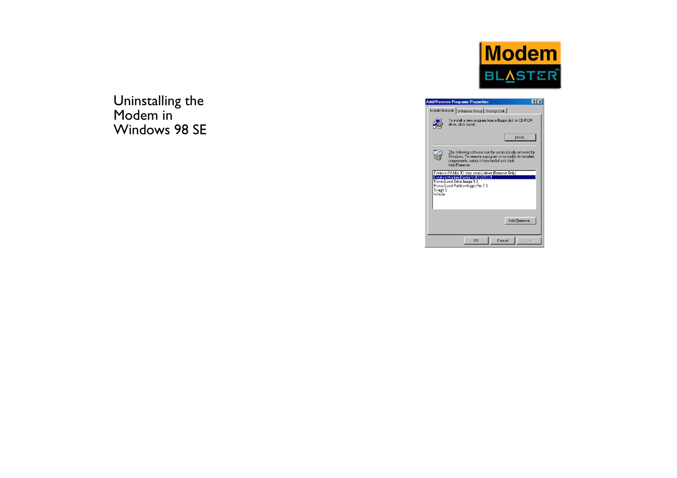 Uninstalling the modem in windows 98 se, Uninstalling the modem in windows 98 se -2 | VEGA Creative Modem Blaster V.92 External DE5721 User Manual | Page 35 / 61