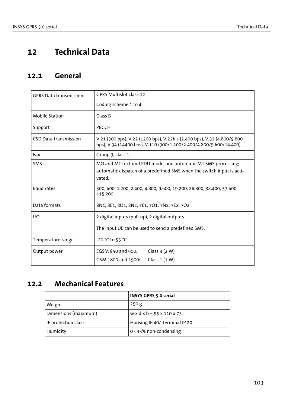 12 technical data, 1 general, 2 mechanical features | VEGA INSYS Modem GPRS 5.0 User Manual | Page 103 / 113