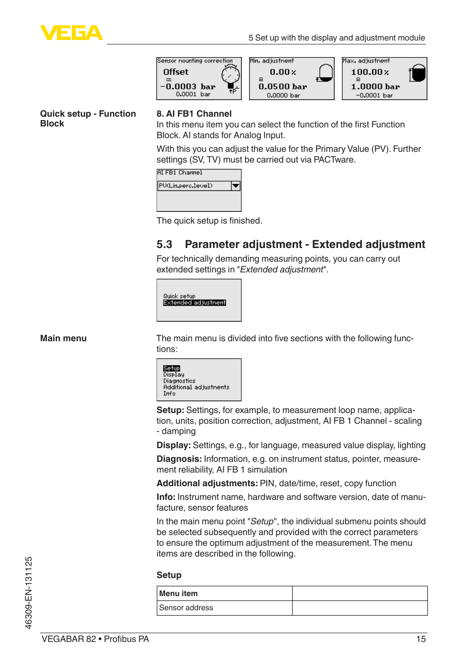 3 parameter adjustment - extended adjustment | VEGA VEGABAR 82 Profibus PA - Quick setup guide User Manual | Page 15 / 20
