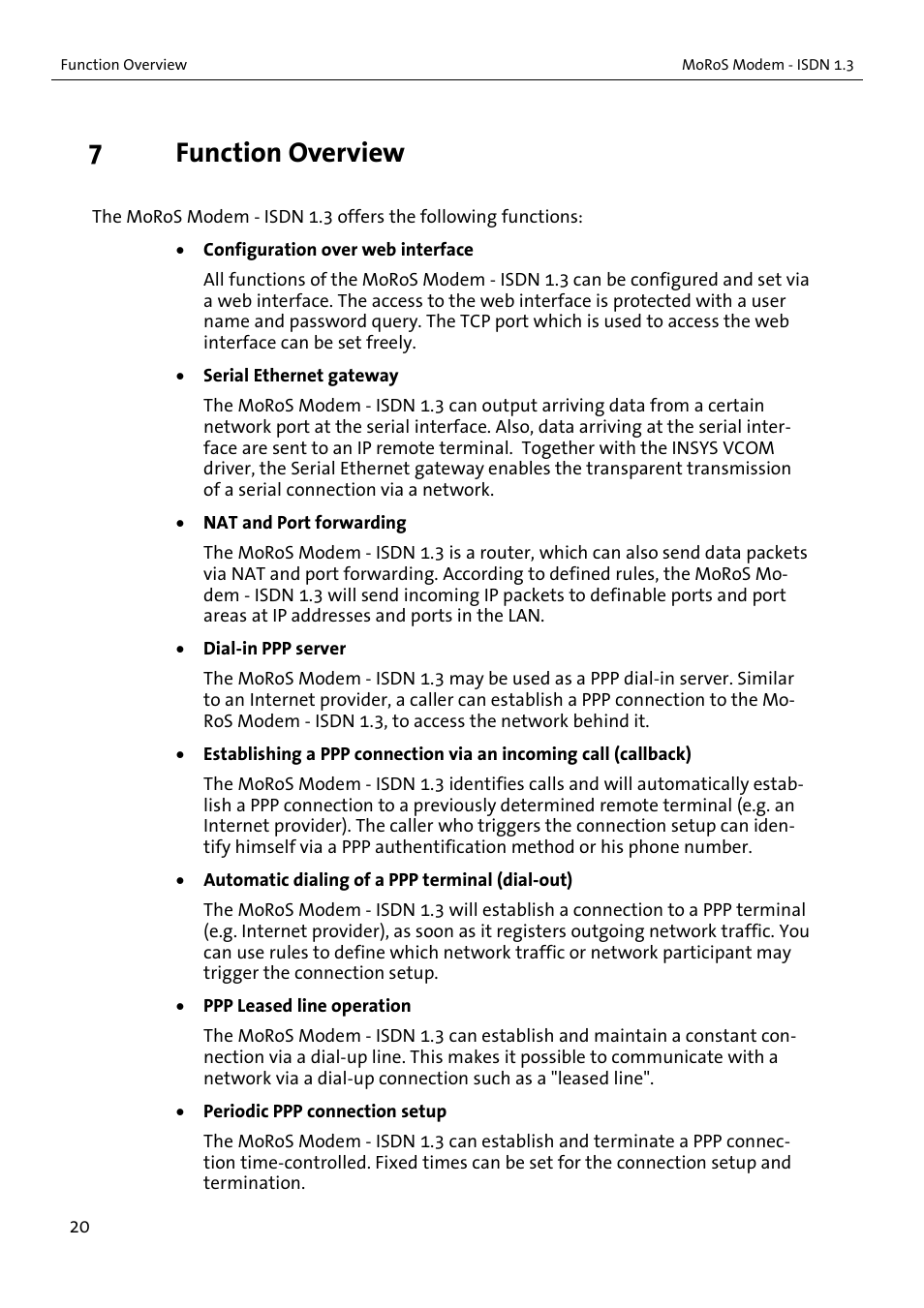 7function overview | VEGA MoRoS Modem - ISDN 1.3 User Manual | Page 20 / 86