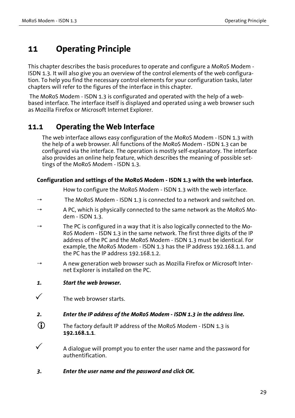 11 operating principle, 1 operating the web interface | VEGA MoRoS Modem - ISDN 1.3 User Manual | Page 29 / 86