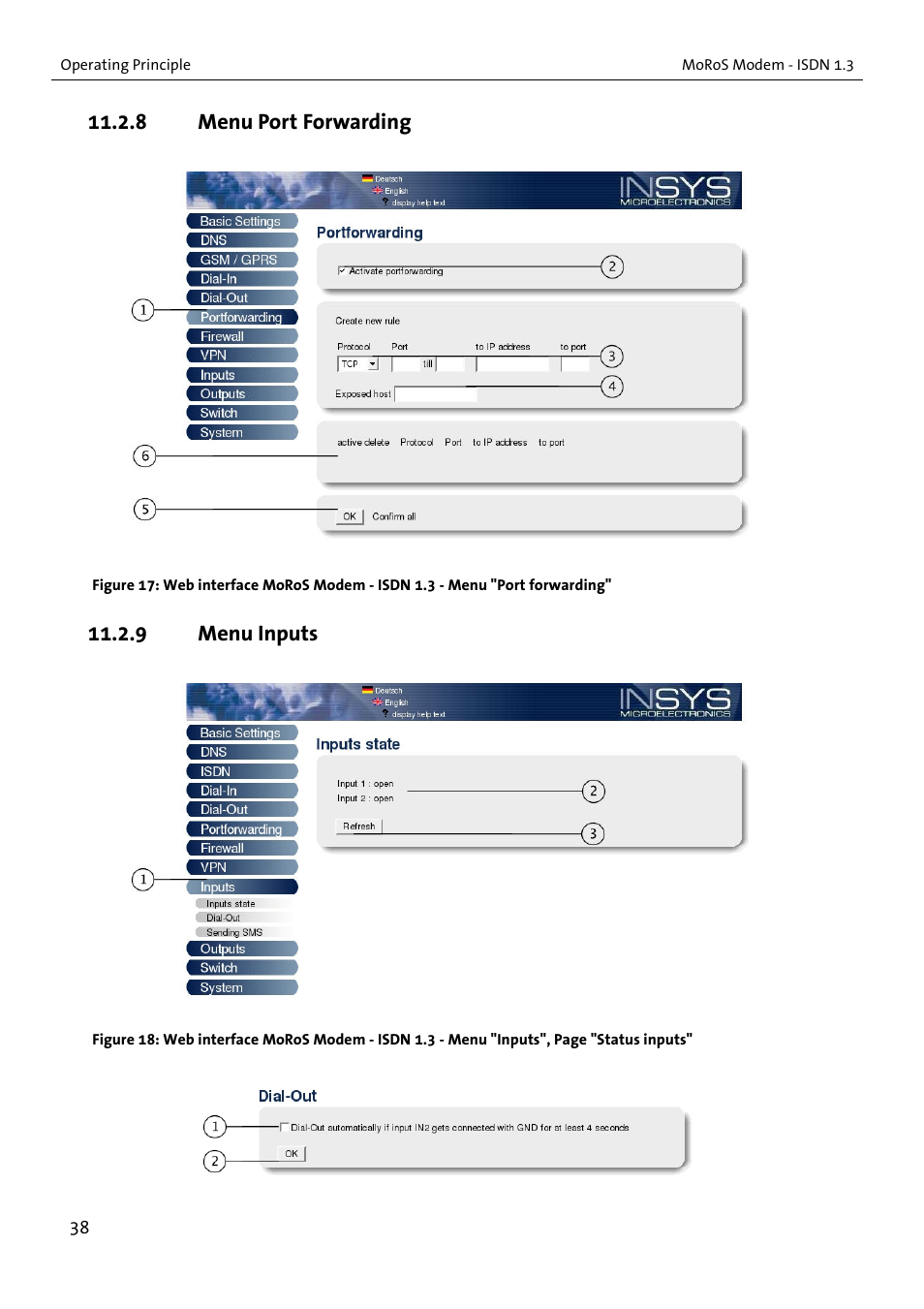 8 menu port forwarding, 9 menu inputs | VEGA MoRoS Modem - ISDN 1.3 User Manual | Page 38 / 86