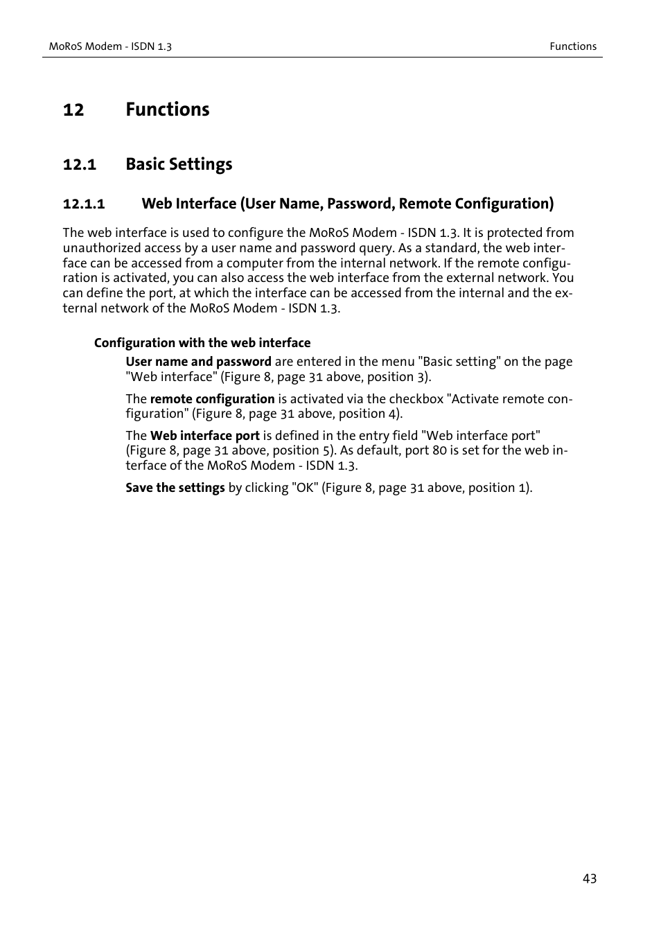 12 functions, 1 basic settings | VEGA MoRoS Modem - ISDN 1.3 User Manual | Page 43 / 86