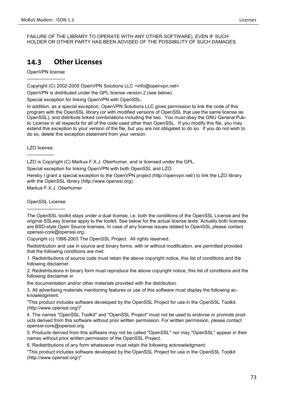 3 other licenses | VEGA MoRoS Modem - ISDN 1.3 User Manual | Page 73 / 86