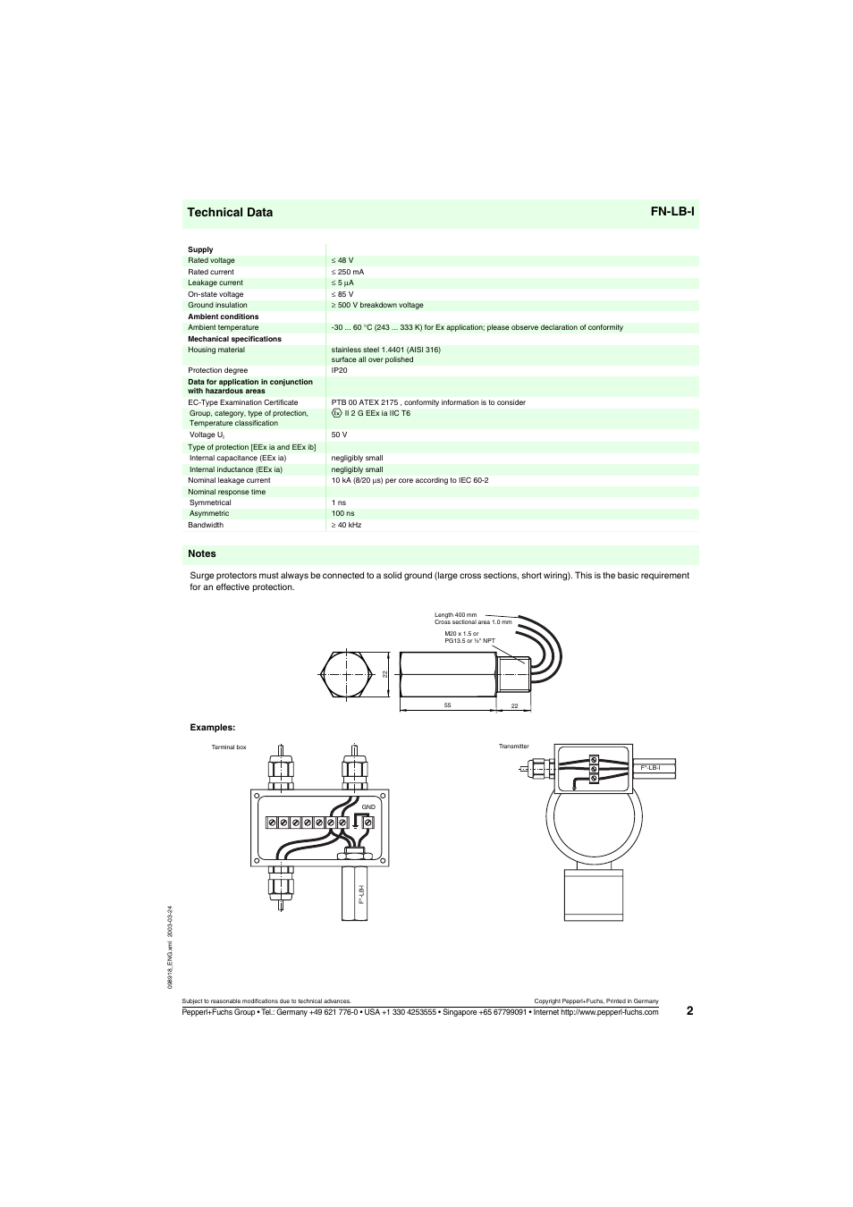 Technical data fn-lb-i | VEGA UES-F-LB-I_N (NPT) User Manual | Page 2 / 2
