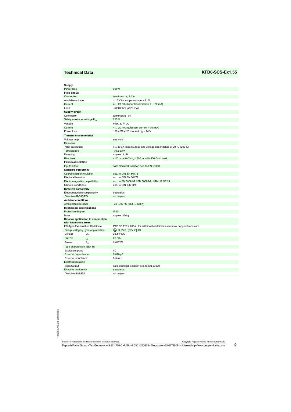 Technical data kfd0-scs-ex1.55 | VEGA KFD0-SCS-Ex1.55 User Manual | Page 2 / 3