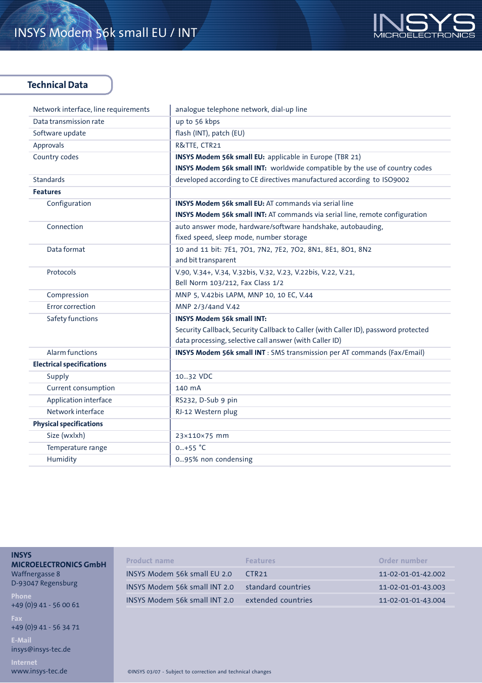 Insys modem 56k small eu / int, Technical data | VEGA INSYS Modem 56k small EU _ INT User Manual | Page 2 / 2