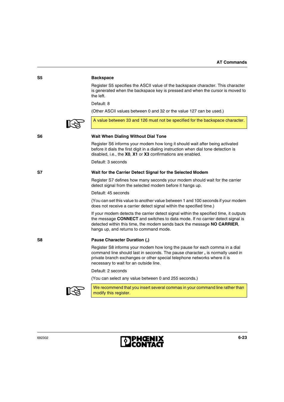 Wait when dialing without dial tone, Pause character duration (,) | VEGA Phoenix PSI Data Fax Modem User Manual | Page 111 / 128