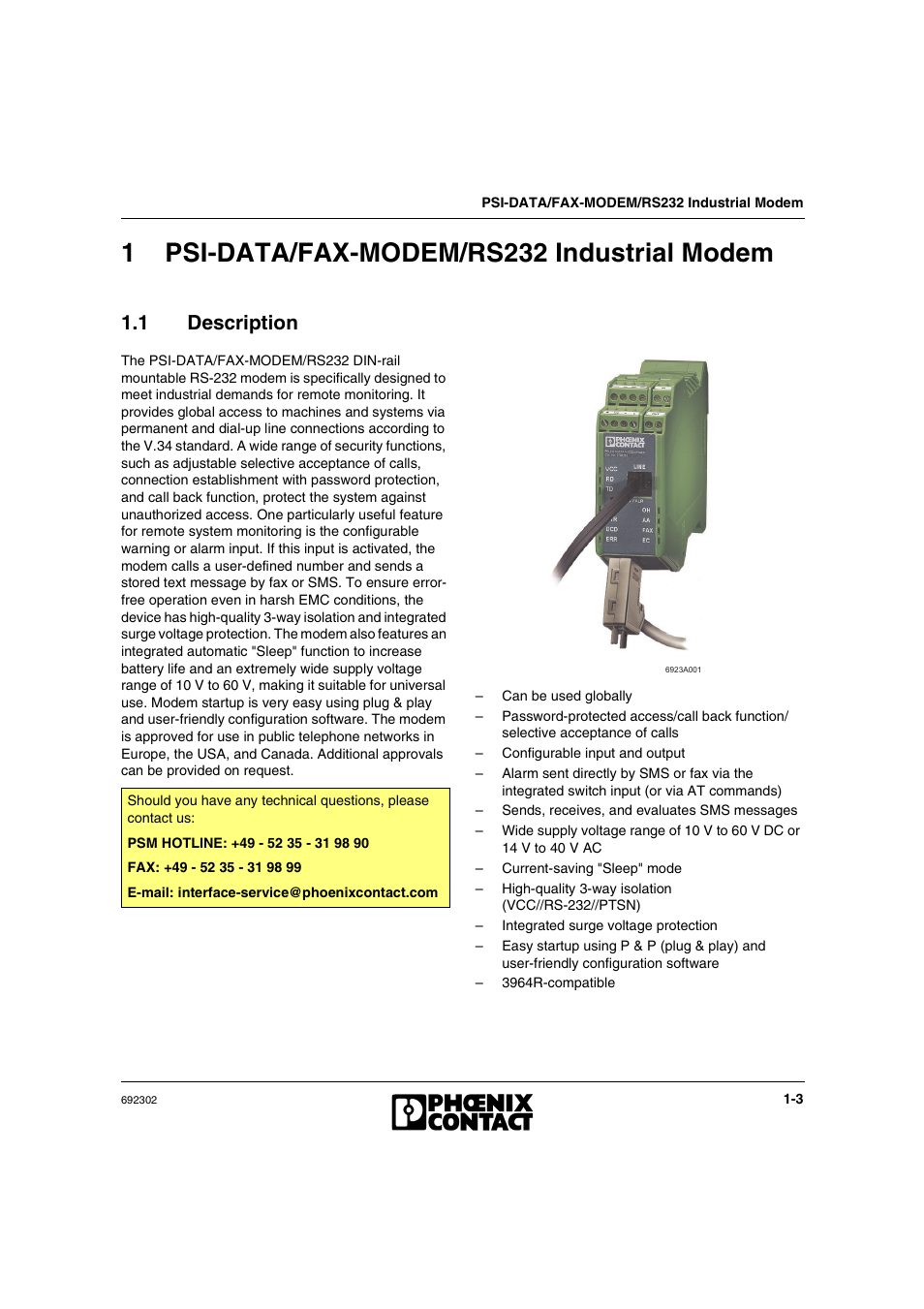 1 psi-data/fax-modem/rs232 industrial modem, 1 description, 1 psi-data/fax-modem/rs232 industrial modem -3 | Psi-data/fax-modem/rs232 industrial modem -3, 1psi-data/fax-modem/rs232 industrial modem | VEGA Phoenix PSI Data Fax Modem User Manual | Page 13 / 128