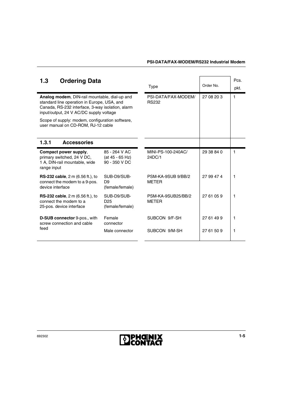 3 ordering data, 1 accessories, Ordering data -5 | Accessories -5 | VEGA Phoenix PSI Data Fax Modem User Manual | Page 15 / 128