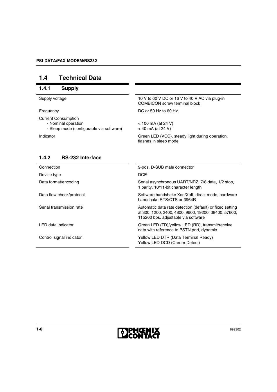 4 technical data, 1 supply, 2 rs-232 interface | Technical data -6, Supply -6, Rs-232 interface -6 | VEGA Phoenix PSI Data Fax Modem User Manual | Page 16 / 128