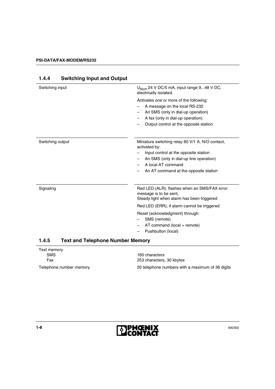 4 switching input and output, 5 text and telephone number memory, Switching input and output -8 | Text and telephone number memory -8 | VEGA Phoenix PSI Data Fax Modem User Manual | Page 18 / 128
