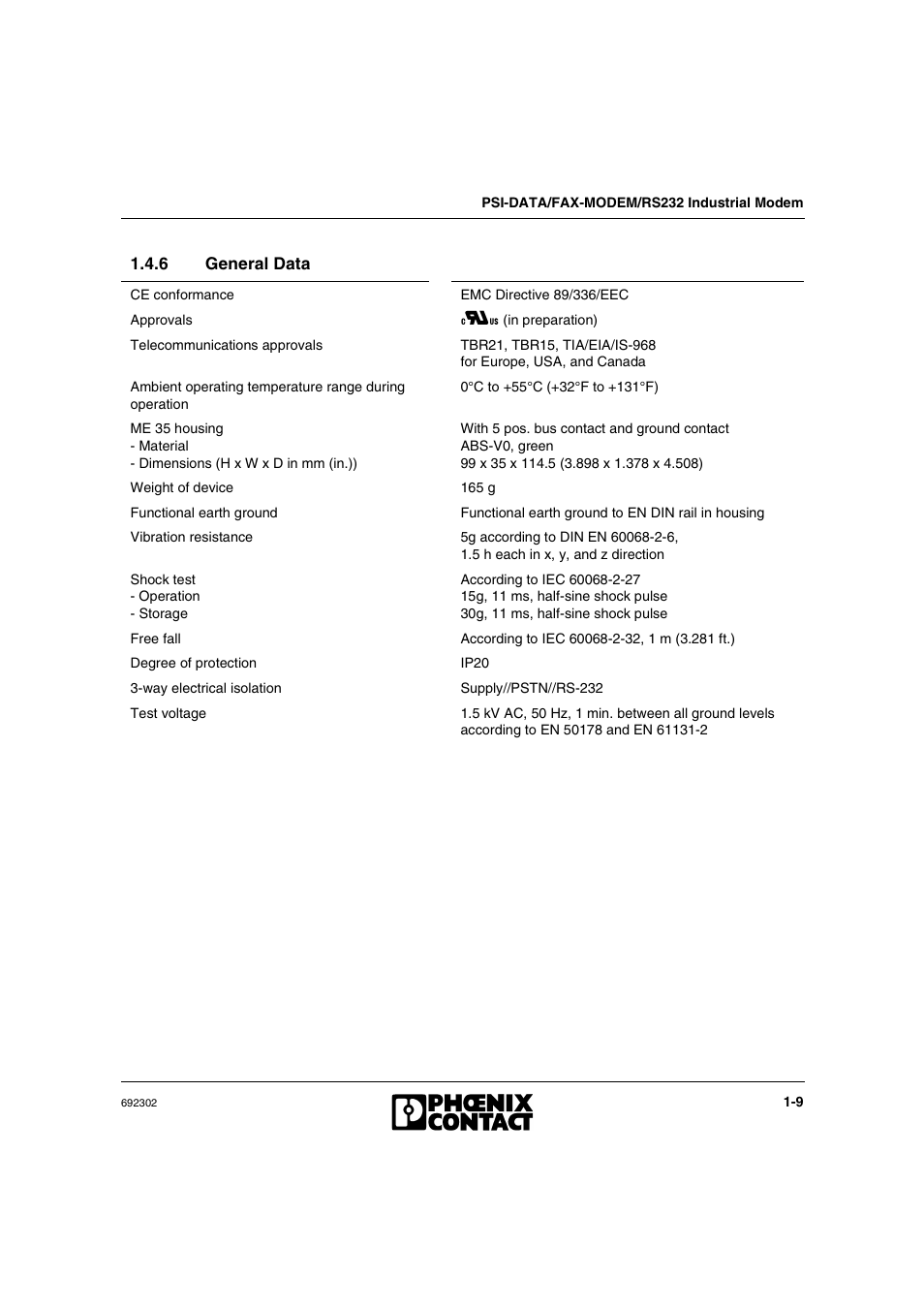 6 general data, General data -9 | VEGA Phoenix PSI Data Fax Modem User Manual | Page 19 / 128