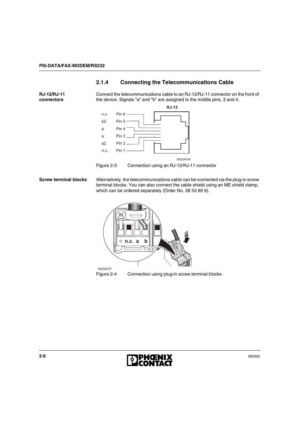 4 connecting the telecommunications cable, Connecting the telecommunications cable -6, N . c . a b | VEGA Phoenix PSI Data Fax Modem User Manual | Page 26 / 128