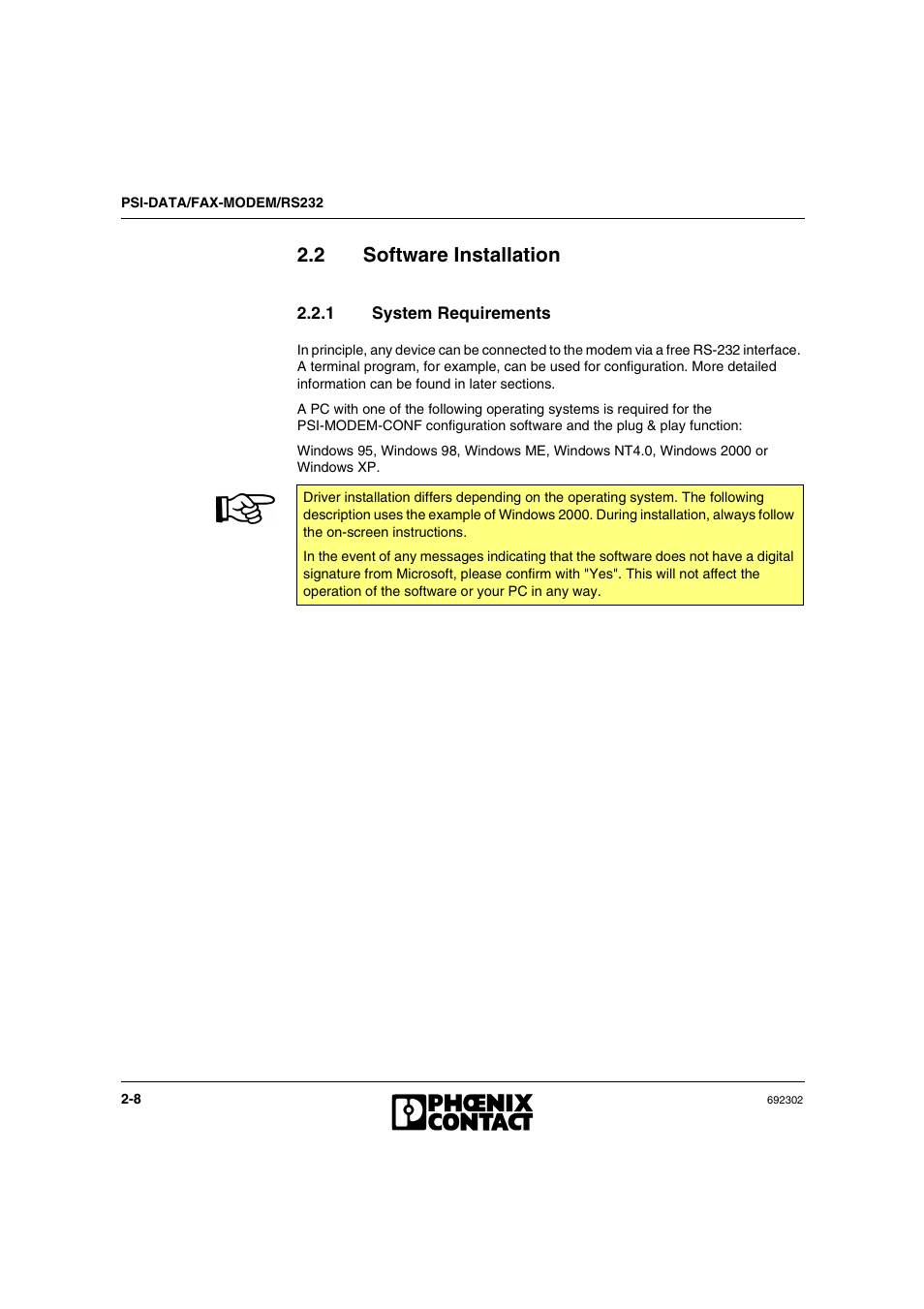 2 software installation, 1 system requirements, Software installation -8 | System requirements -8 | VEGA Phoenix PSI Data Fax Modem User Manual | Page 28 / 128