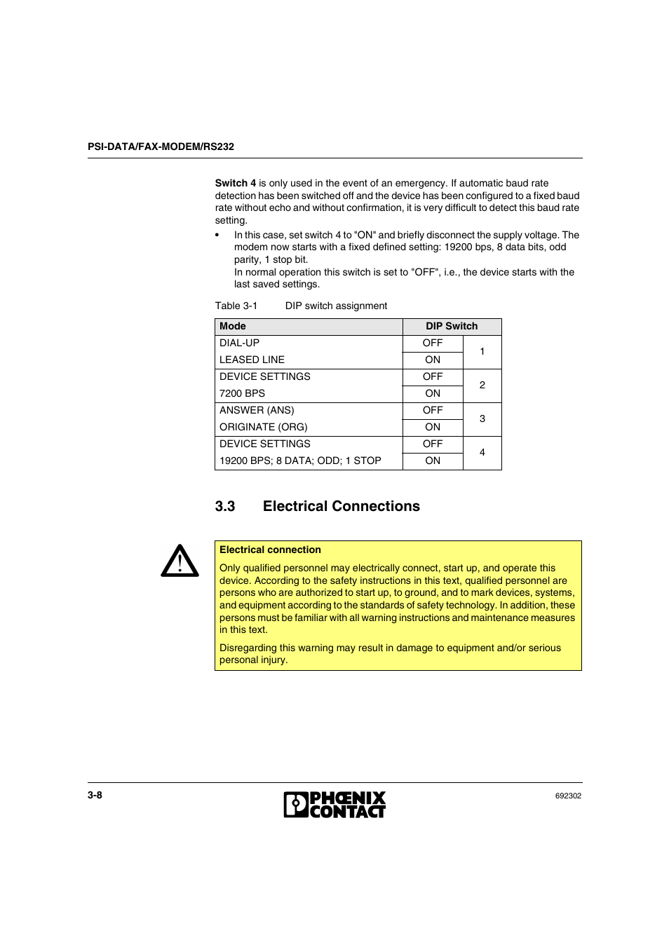 3 electrical connections, Electrical connections -8 | VEGA Phoenix PSI Data Fax Modem User Manual | Page 40 / 128