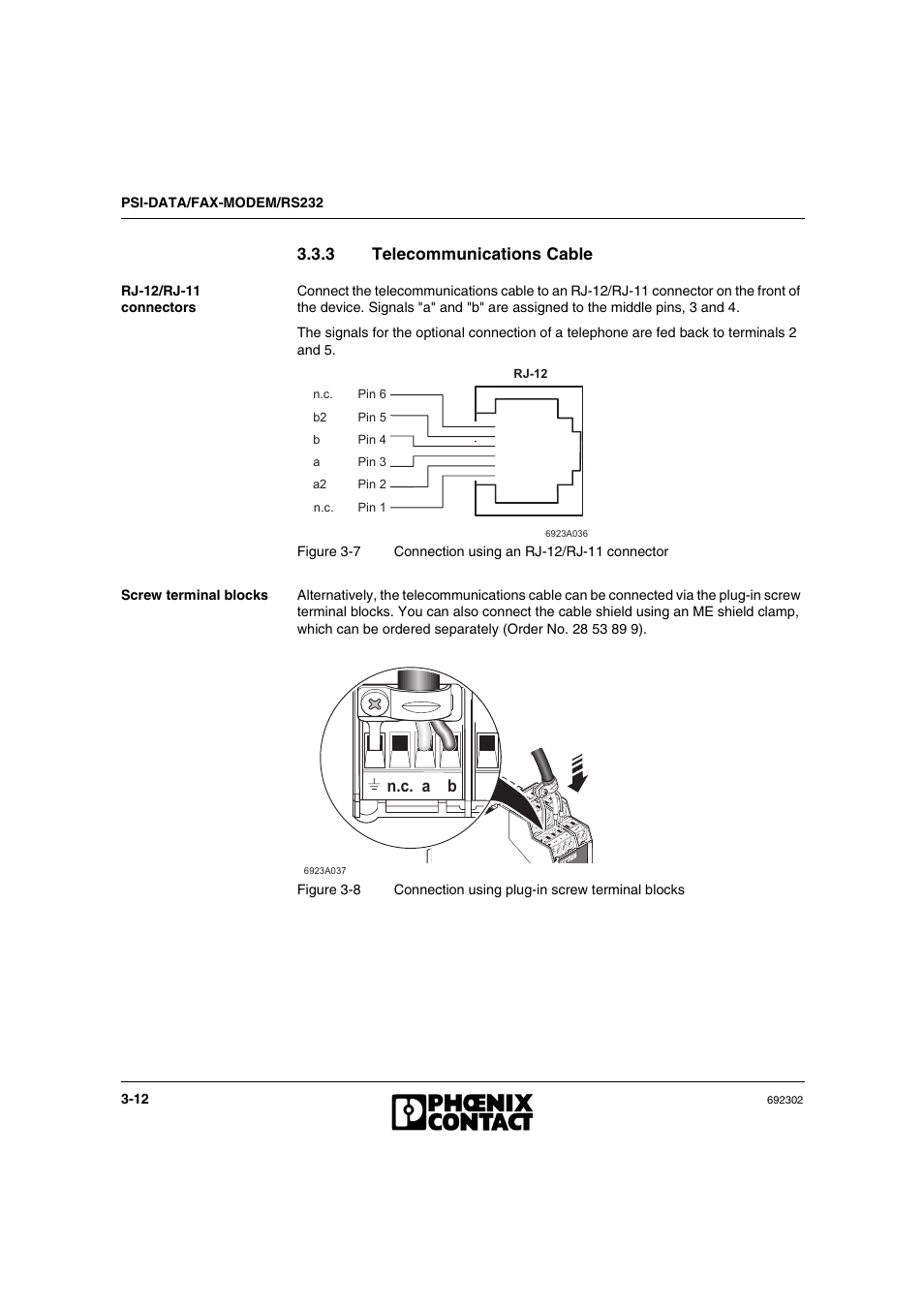 3 telecommunications cable, Telecommunications cable -12, N . c . a b | VEGA Phoenix PSI Data Fax Modem User Manual | Page 44 / 128
