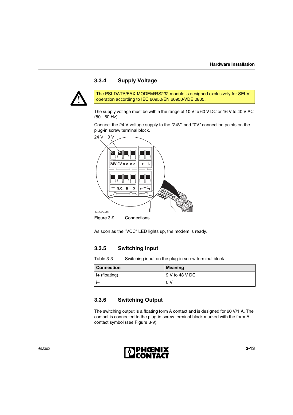 4 supply voltage, 5 switching input, 6 switching output | Supply voltage -13, Switching input -13, Switching output -13 | VEGA Phoenix PSI Data Fax Modem User Manual | Page 45 / 128