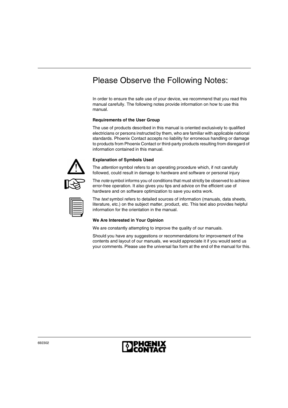 Please observe the following notes, Requirements of the user group, Explanation of symbols used | We are interested in your opinion | VEGA Phoenix PSI Data Fax Modem User Manual | Page 5 / 128