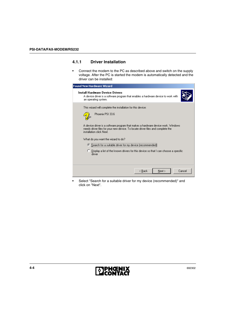 1 driver installation, Driver installation -4 | VEGA Phoenix PSI Data Fax Modem User Manual | Page 50 / 128