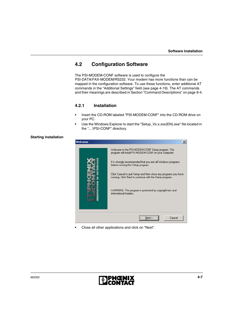 2 configuration software, 1 installation, Configuration software -7 | Installation -7 | VEGA Phoenix PSI Data Fax Modem User Manual | Page 53 / 128