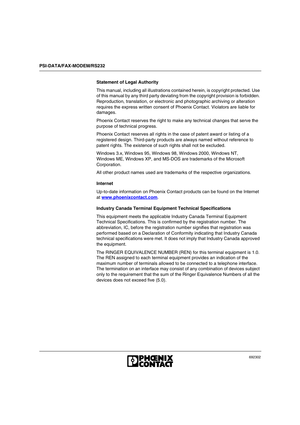 Statement of legal authority, Internet | VEGA Phoenix PSI Data Fax Modem User Manual | Page 6 / 128