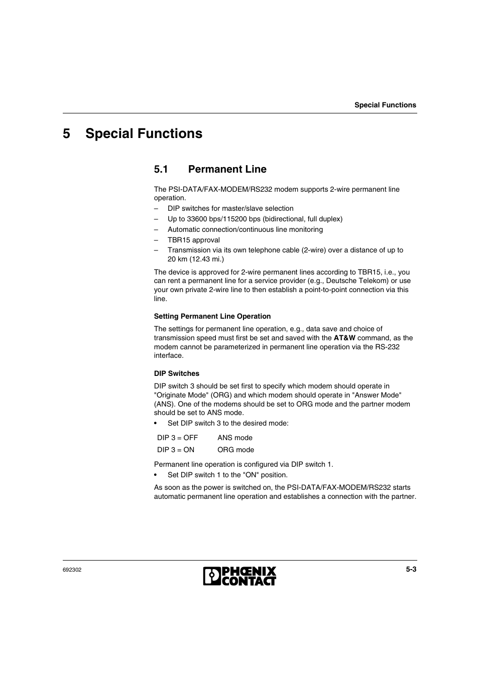 5 special functions, 1 permanent line, 5 special functions -3 | Permanent line -3, Special functions -3, 5special functions | VEGA Phoenix PSI Data Fax Modem User Manual | Page 73 / 128