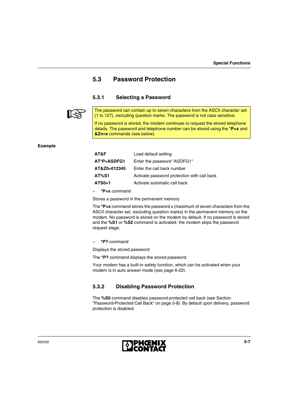 3 password protection, 1 selecting a password, 2 disabling password protection | Password protection -7, Selecting a password -7, Disabling password protection -7 | VEGA Phoenix PSI Data Fax Modem User Manual | Page 77 / 128