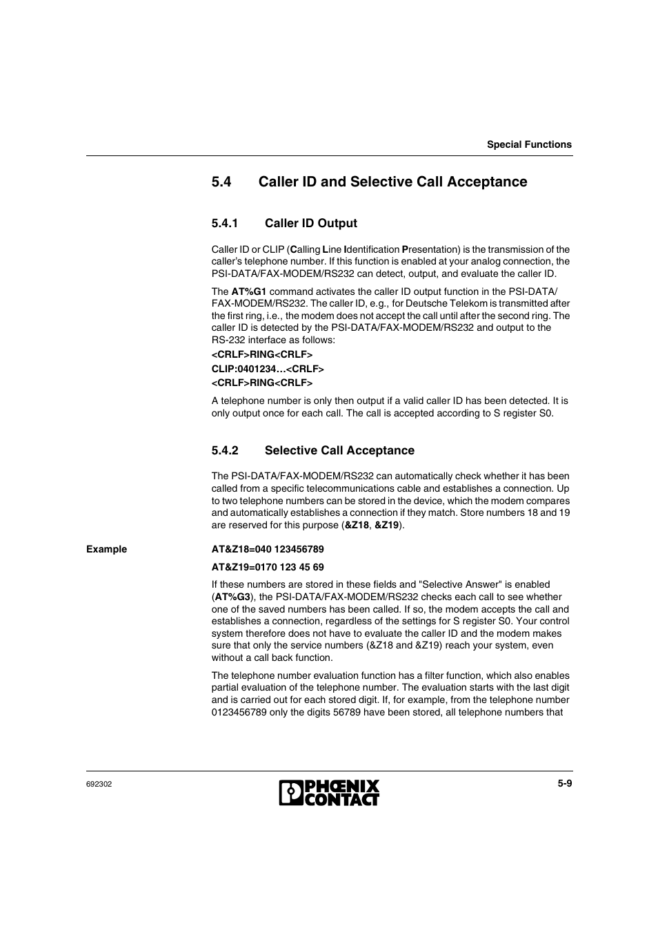 4 caller id and selective call acceptance, 1 caller id output, 2 selective call acceptance | Caller id and selective call acceptance -9, Caller id output -9, Selective call acceptance -9 | VEGA Phoenix PSI Data Fax Modem User Manual | Page 79 / 128