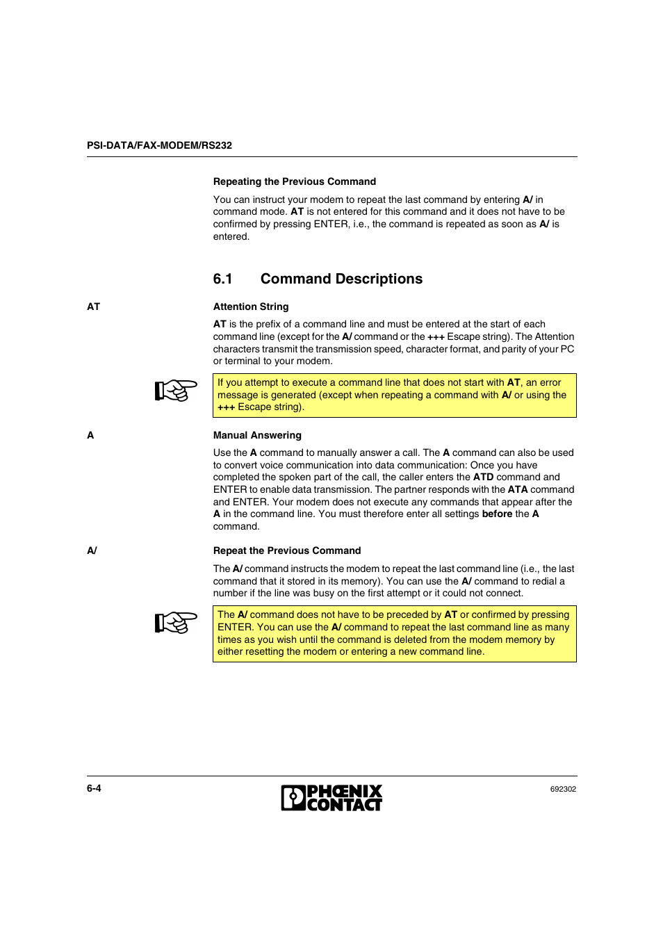 1 command descriptions, Command descriptions -4 | VEGA Phoenix PSI Data Fax Modem User Manual | Page 92 / 128