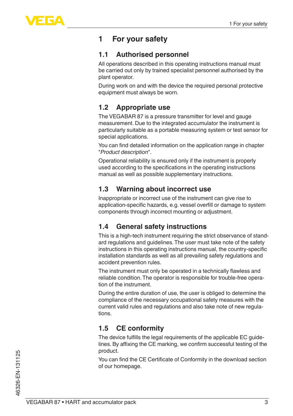 1 for your safety | VEGA VEGABAR 87 HART and accumulator pack - Quick setup guide User Manual | Page 3 / 20