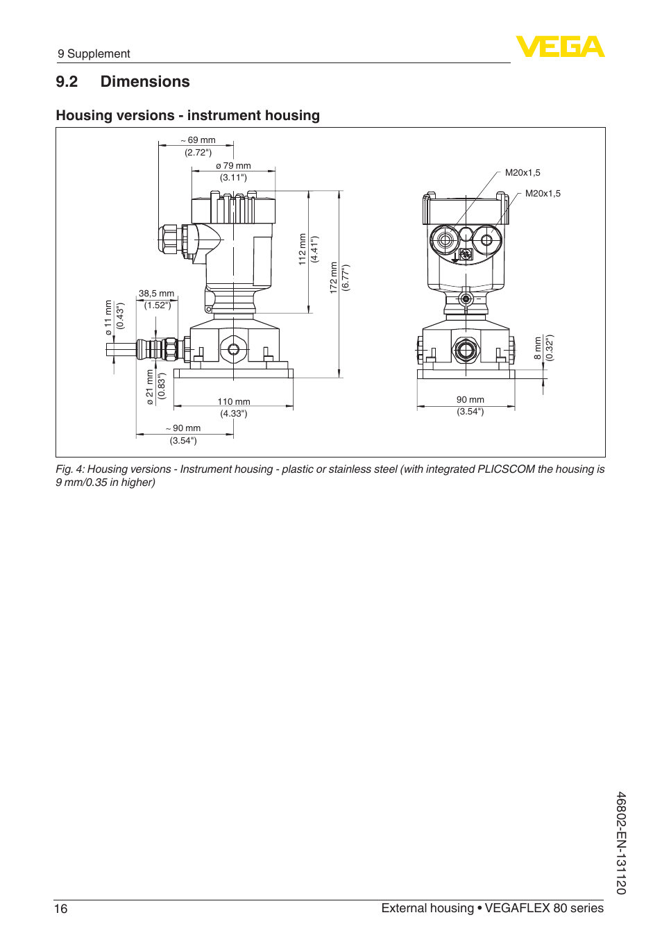 2 dimensions, Housing versions - instrument housing | VEGA VEGAFLEX series 80 - External housing User Manual | Page 16 / 24