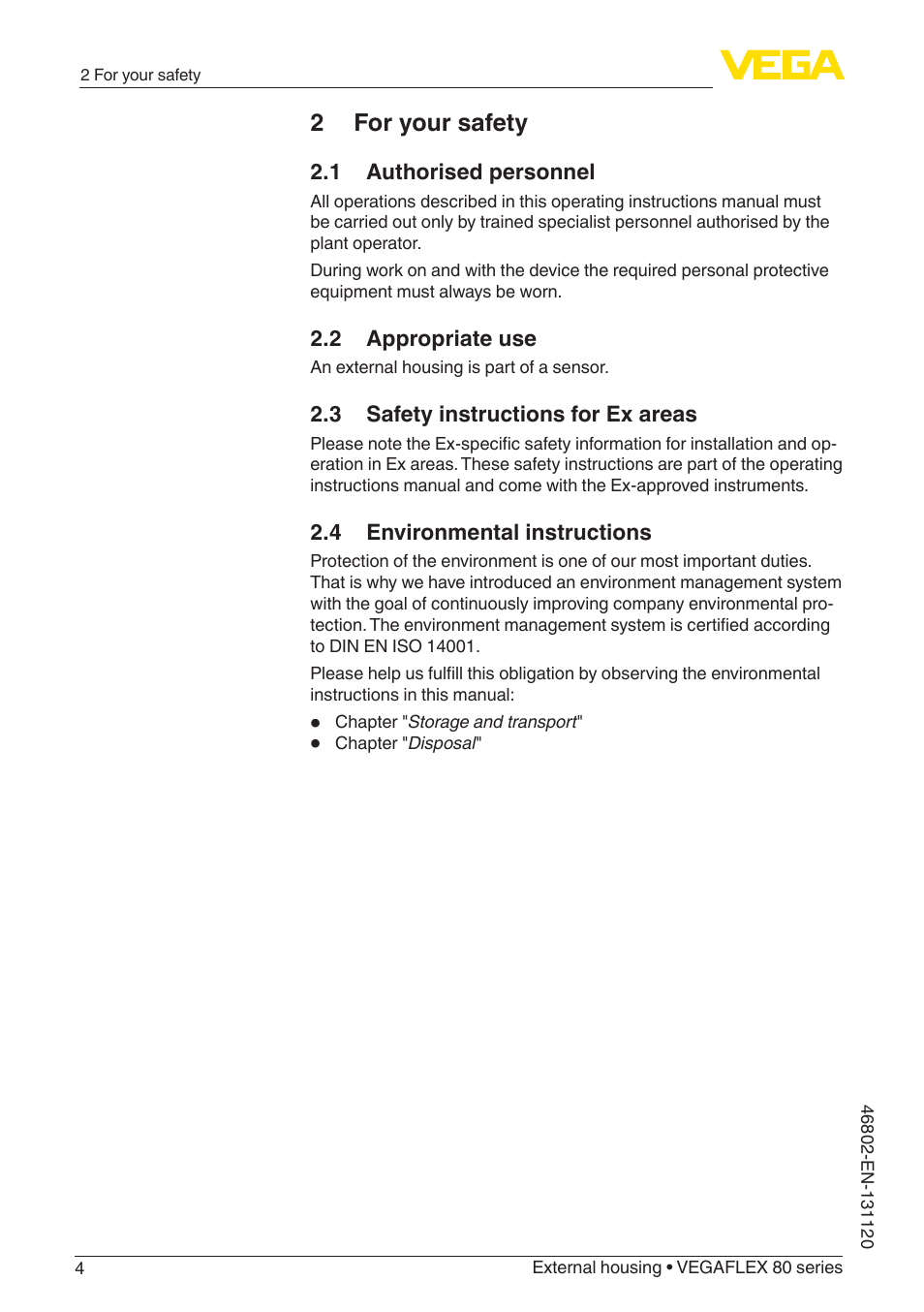 2 for your safety, 1 authorised personnel, 2 appropriate use | 3 safety instructions for ex areas, 4 environmental instructions | VEGA VEGAFLEX series 80 - External housing User Manual | Page 4 / 24