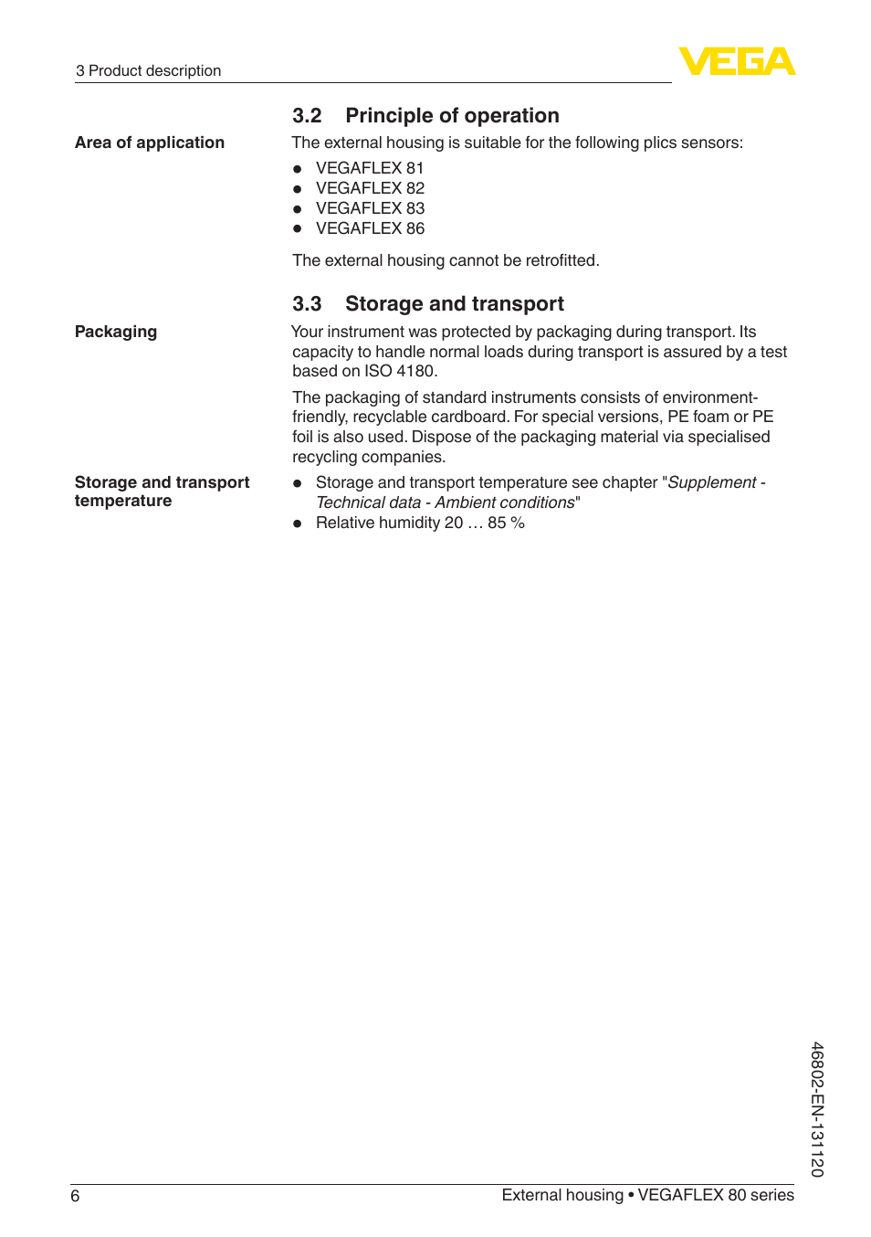 2 principle of operation, 3 storage and transport | VEGA VEGAFLEX series 80 - External housing User Manual | Page 6 / 24