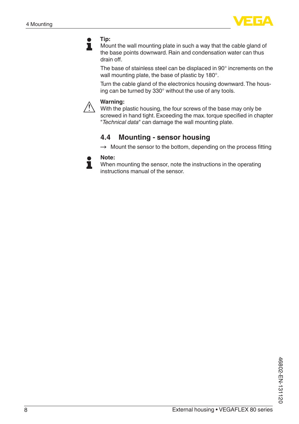 4 mounting - sensor housing | VEGA VEGAFLEX series 80 - External housing User Manual | Page 8 / 24