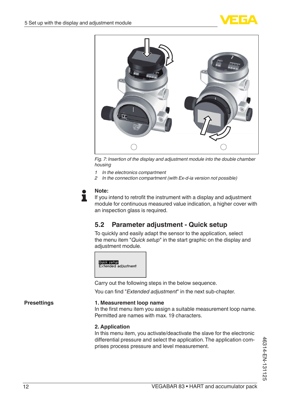 2 parameter adjustment - quick setup | VEGA VEGABAR 83 HART and accumulator pack - Quick setup guide User Manual | Page 12 / 20