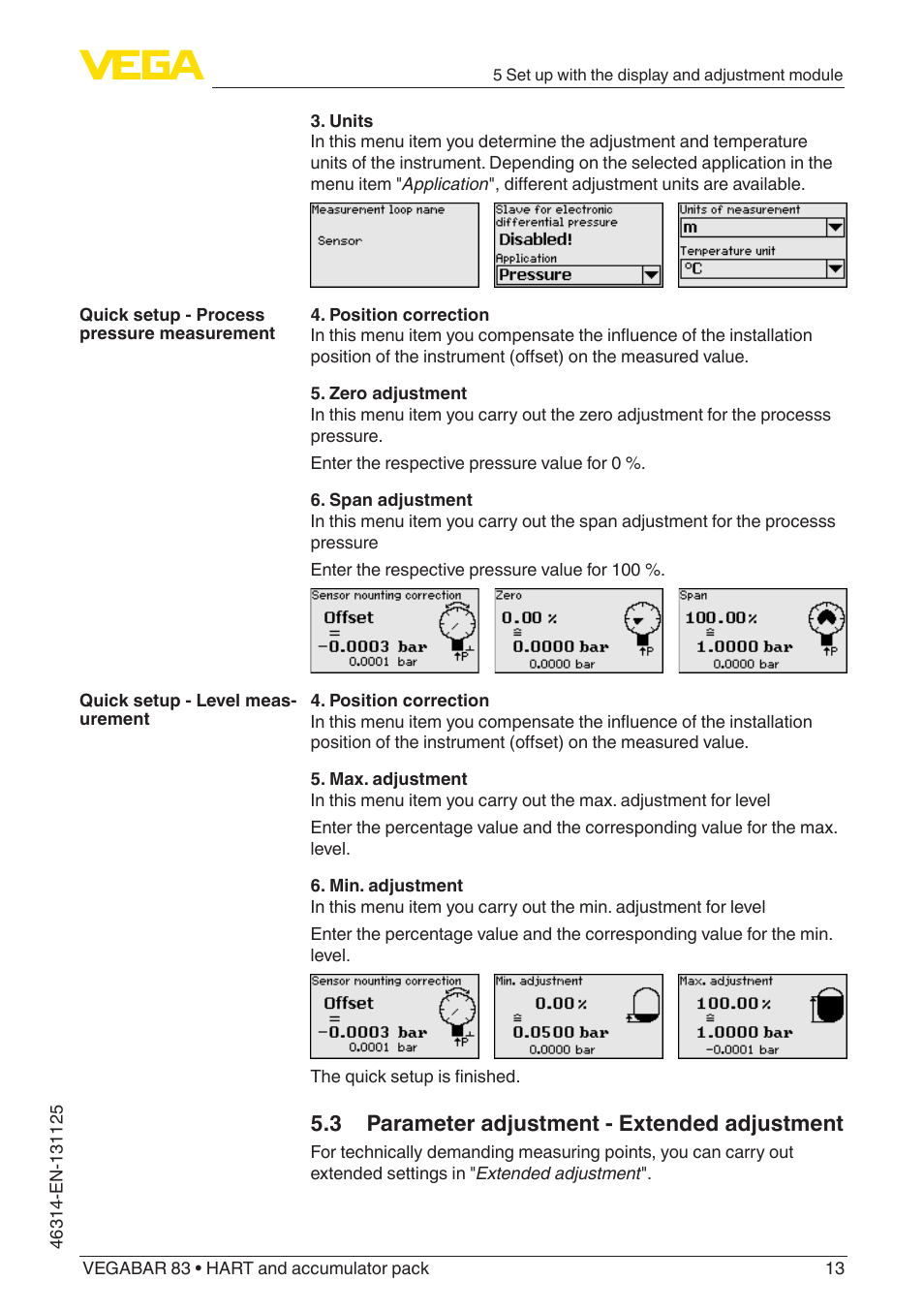 3 parameter adjustment - extended adjustment | VEGA VEGABAR 83 HART and accumulator pack - Quick setup guide User Manual | Page 13 / 20