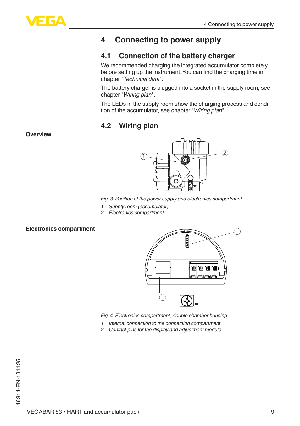 4 connecting to power supply, 1 connection of the battery charger, 2 wiring plan | VEGA VEGABAR 83 HART and accumulator pack - Quick setup guide User Manual | Page 9 / 20