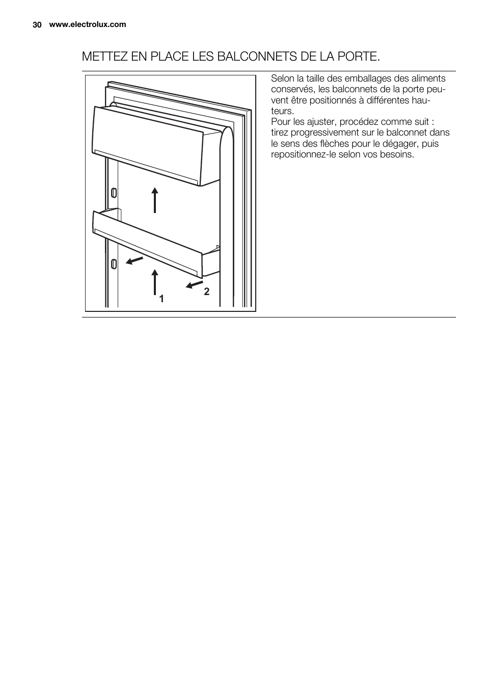 Mettez en place les balconnets de la porte | Electrolux EJN 2301 AOW User Manual | Page 30 / 96