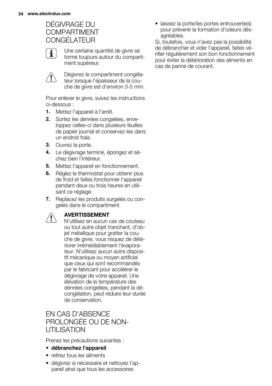 Dégivrage du compartiment congélateur, En cas d'absence prolongée ou de non- utilisation | Electrolux EJN 2301 AOW User Manual | Page 34 / 96