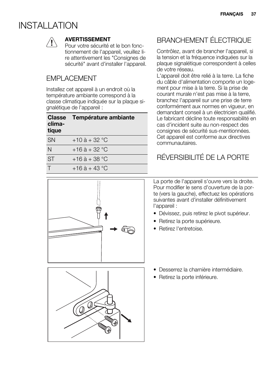 Installation, Emplacement, Branchement électrique | Réversibilité de la porte | Electrolux EJN 2301 AOW User Manual | Page 37 / 96